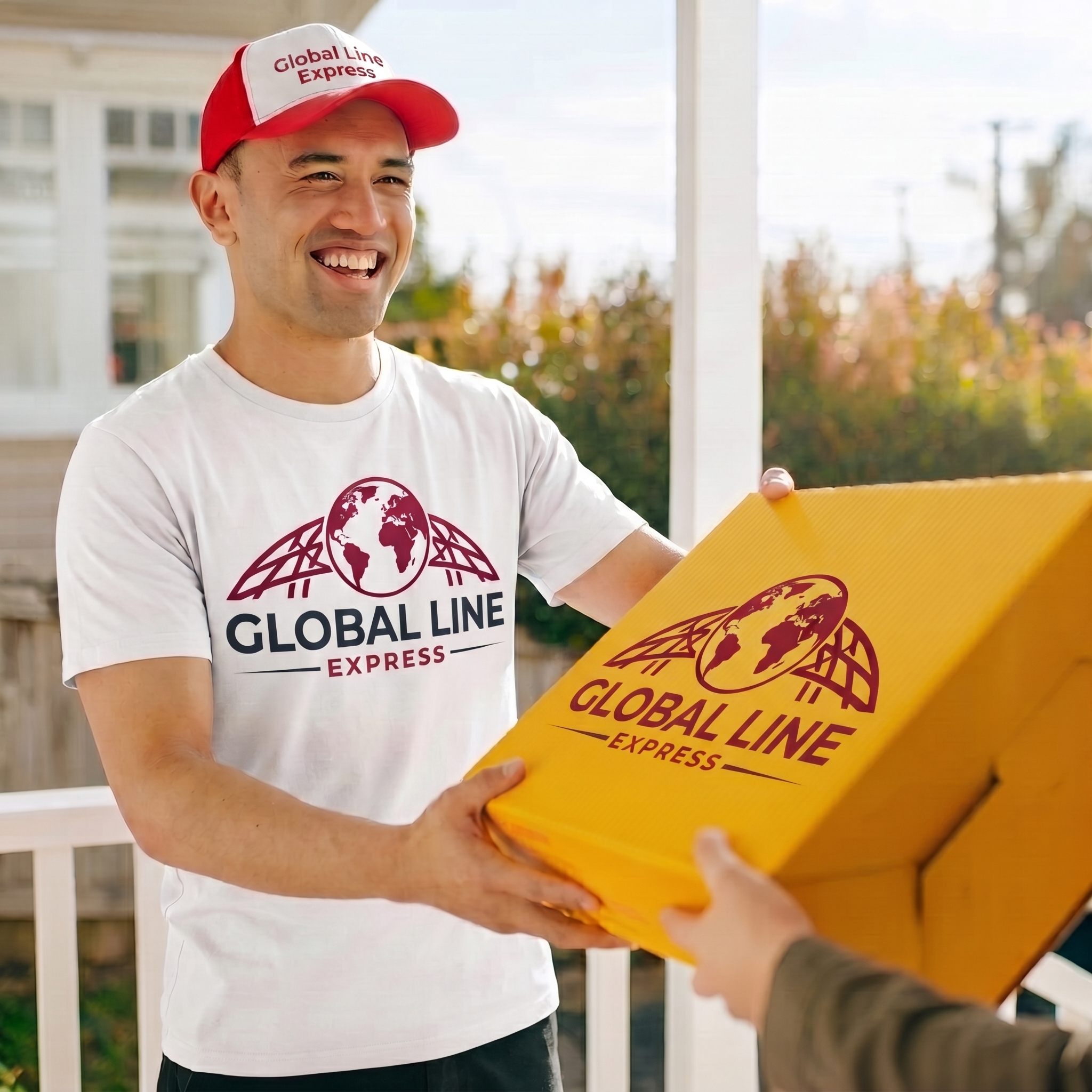 Global Freight Logistics delivery agent handing over a package at a client's doorstep